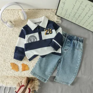 Ensemble 2 pièces pour bébé garçon, tenue printemps-automne, manches longues, col rabattu, lettres brodées, hauts et pantalons en Denim, pour la mode de 1 à 3 ans